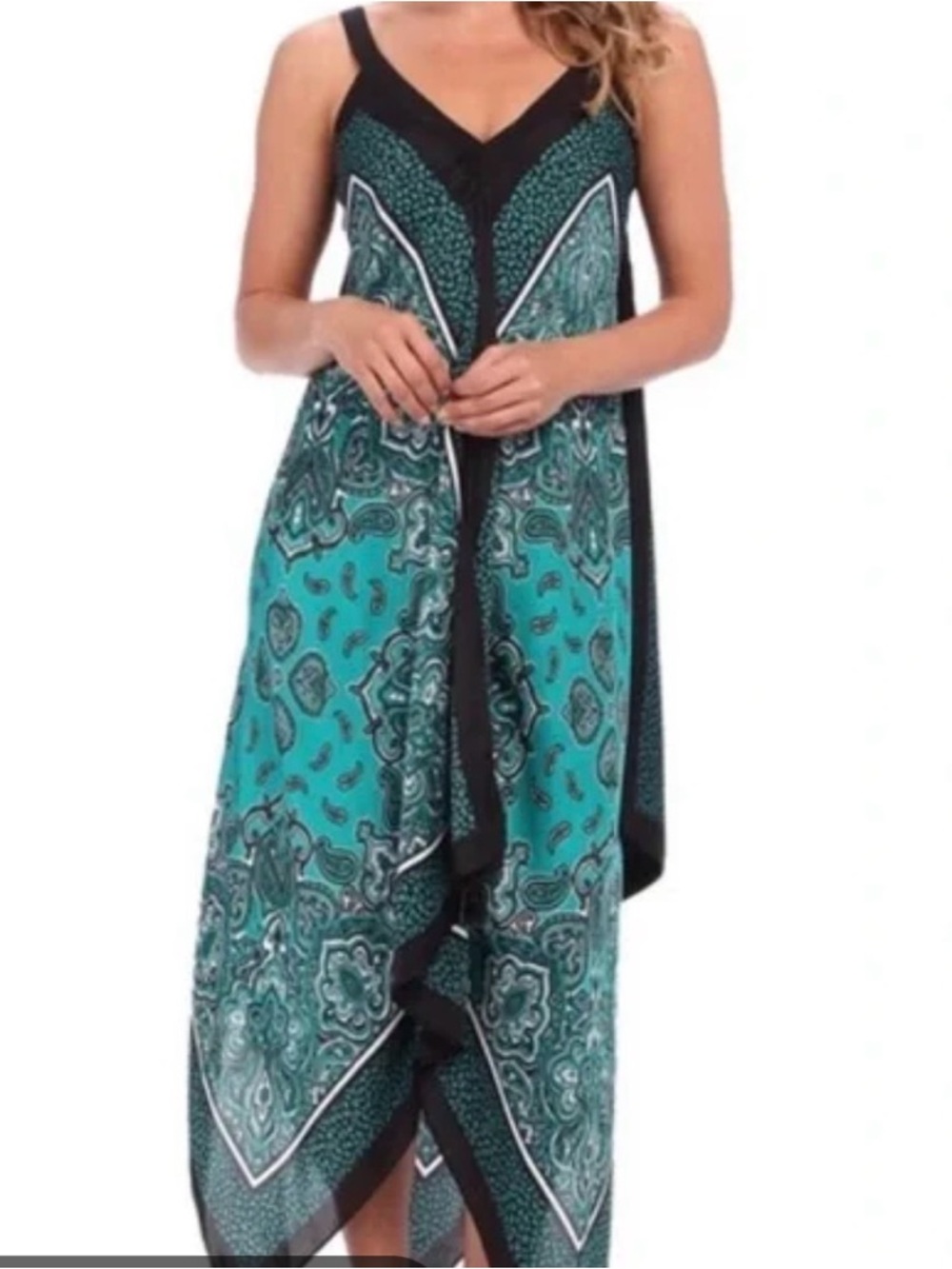 Michael Kors Teal and Black Asymmetrical Paisley Slip Dress 100% Silk